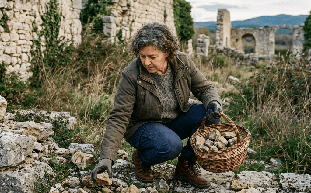 Person collecting stones from ancient ruins