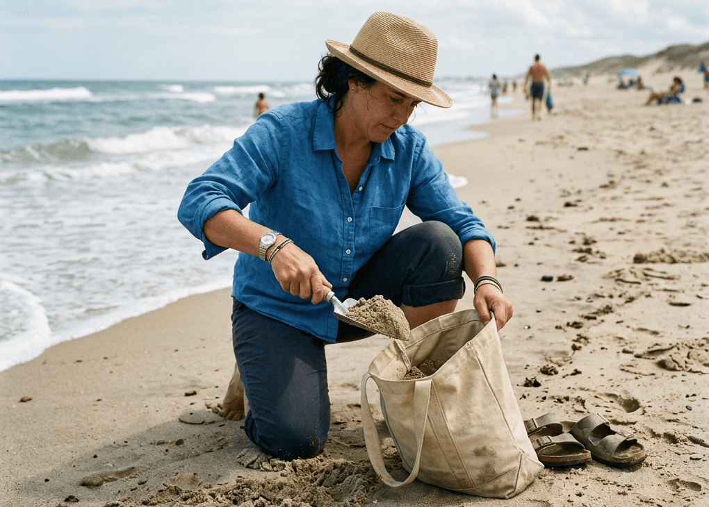 Person taking sand from beach into bag